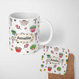 Personalized Custom Name Cute Kawaii Garden Tools Plants Bees Seamless Pattern White Floral 11oz Ceramic Coffee Tea Mug White Large Handle