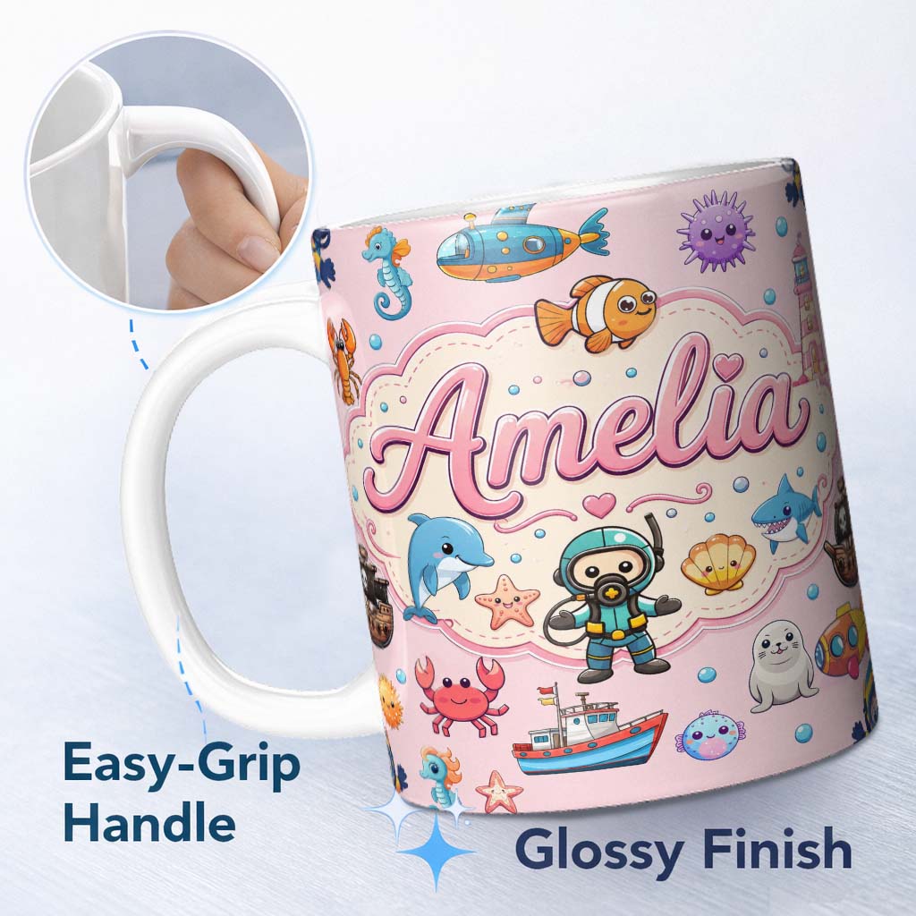 Personalized Custom Name Cartoon Sea Animal Diver Dolphin Shark Boat Lighthouse Soft Pink 11oz Ceramic Coffee Tea Mug White Large Handle