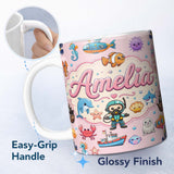 Personalized Custom Name Cartoon Sea Animal Diver Dolphin Shark Boat Lighthouse Soft Pink 11oz Ceramic Coffee Tea Mug White Large Handle