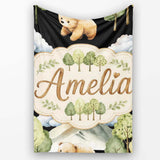 Cute Forest Bear Trees Mountains Clouds on Black Background  Personalised Custom Name Super Soft Fleece Blanket Bed Sofa Throw