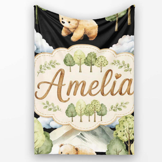 Cute Forest Bear Trees Mountains Clouds on Black Background  Personalised Custom Name Super Soft Fleece Blanket Bed Sofa Throw