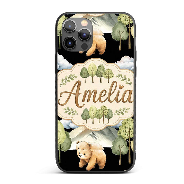Cute Forest Bear Trees Mountains Clouds on Black Custom Name Protective Phone Case Mobile Cover Durable Everyday Smartphone Shock Resistant