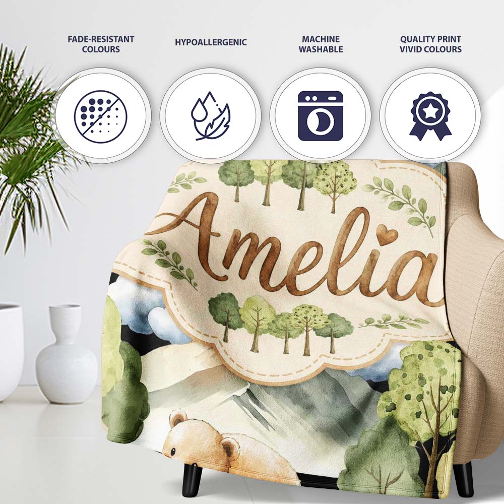 Cute Forest Bear Trees Mountains Clouds on Black Background  Personalised Custom Name Super Soft Fleece Blanket Bed Sofa Throw