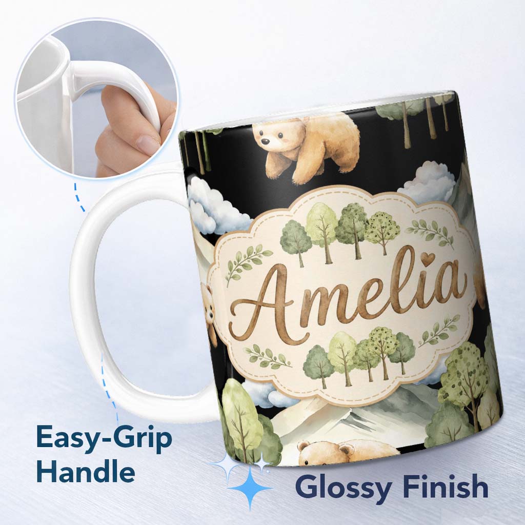 Personalized Custom Name Cute Forest Bear Trees Mountains Clouds on Black Background 11oz Ceramic Coffee Tea Mug White Large Handle
