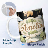 Personalized Custom Name Cute Forest Bear Trees Mountains Clouds on Black Background 11oz Ceramic Coffee Tea Mug White Large Handle