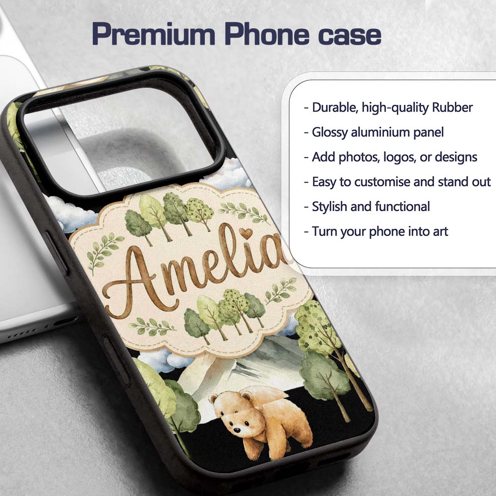Cute Forest Bear Trees Mountains Clouds on Black Custom Name Protective Phone Case Mobile Cover Durable Everyday Smartphone Shock Resistant
