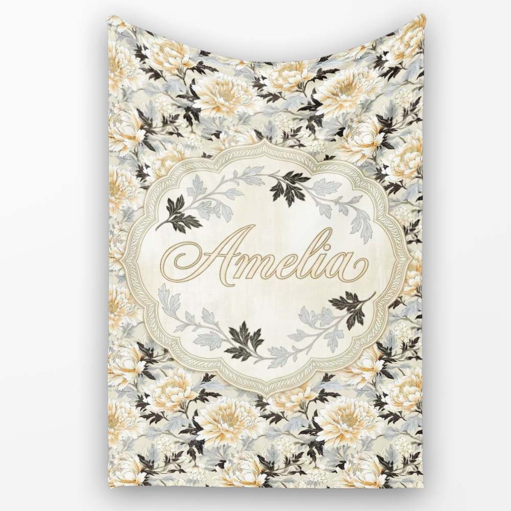 Elegant Peach and Dark Leaf Floral Seamless Pattern Vintage Lovely  Personalised Custom Name Super Soft Fleece Blanket Bed Sofa Throw