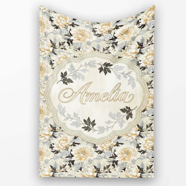 Elegant Peach and Dark Leaf Floral Seamless Pattern Vintage Lovely  Personalised Custom Name Super Soft Fleece Blanket Bed Sofa Throw