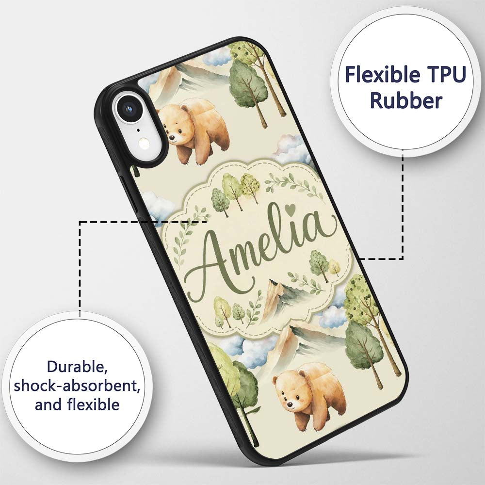 Cute Forest Bear Trees Mountains Clouds on Cream Custom Name Protective Phone Case Mobile Cover Durable Everyday Smartphone Shock Resistant