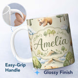 Personalized Custom Name Cute Forest Bear Trees Mountains Clouds on Cream Background 11oz Ceramic Coffee Tea Mug White Large Handle