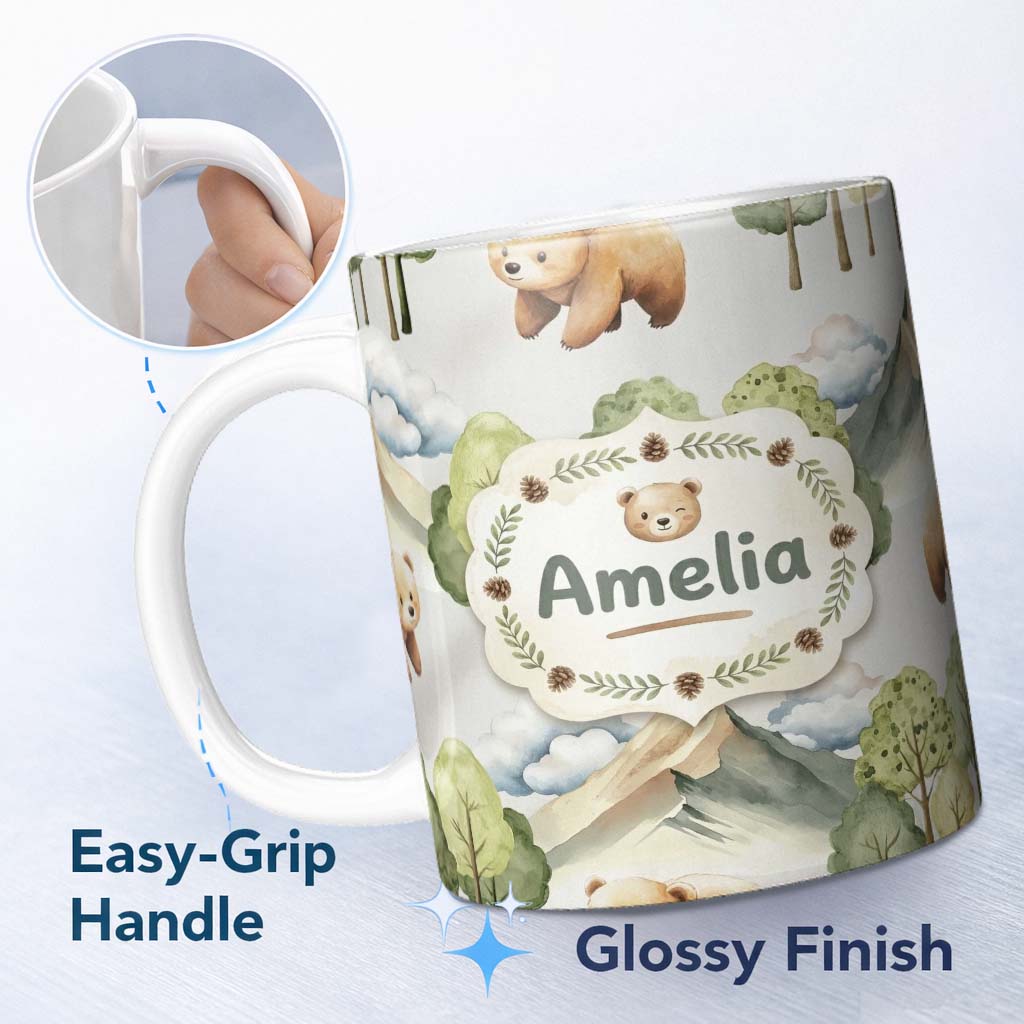 Personalized Custom Name Forest Bear Trees Mountains Clouds on Light Grey Seamless Pattern 11oz Ceramic Coffee Tea Mug White Large Handle