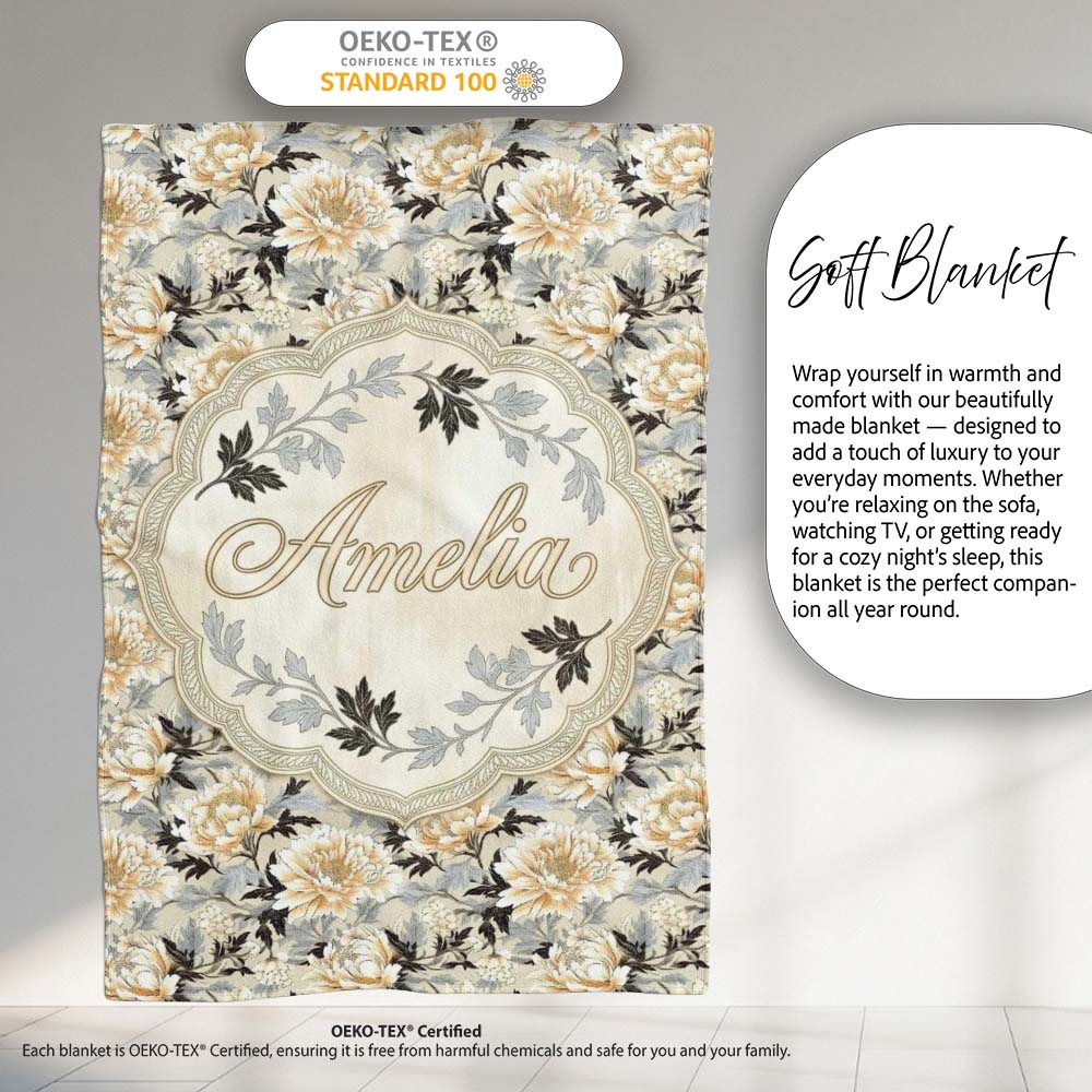 Elegant Peach and Dark Leaf Floral Seamless Pattern Vintage Lovely  Personalised Custom Name Super Soft Fleece Blanket Bed Sofa Throw