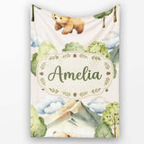 Forest Bear Trees Mountains Clouds on Warm Beige Seamless Pattern  Personalised Custom Name Super Soft Fleece Blanket Bed Sofa Throw