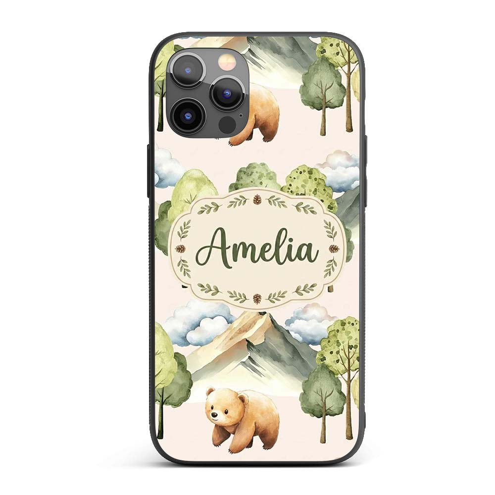 Forest Bear Trees Mountains Clouds on Warm Beige Custom Name Protective Phone Case Mobile Cover Durable Everyday Smartphone Shock Resistant