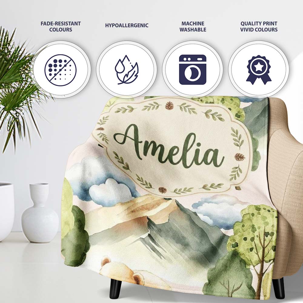 Forest Bear Trees Mountains Clouds on Warm Beige Seamless Pattern  Personalised Custom Name Super Soft Fleece Blanket Bed Sofa Throw