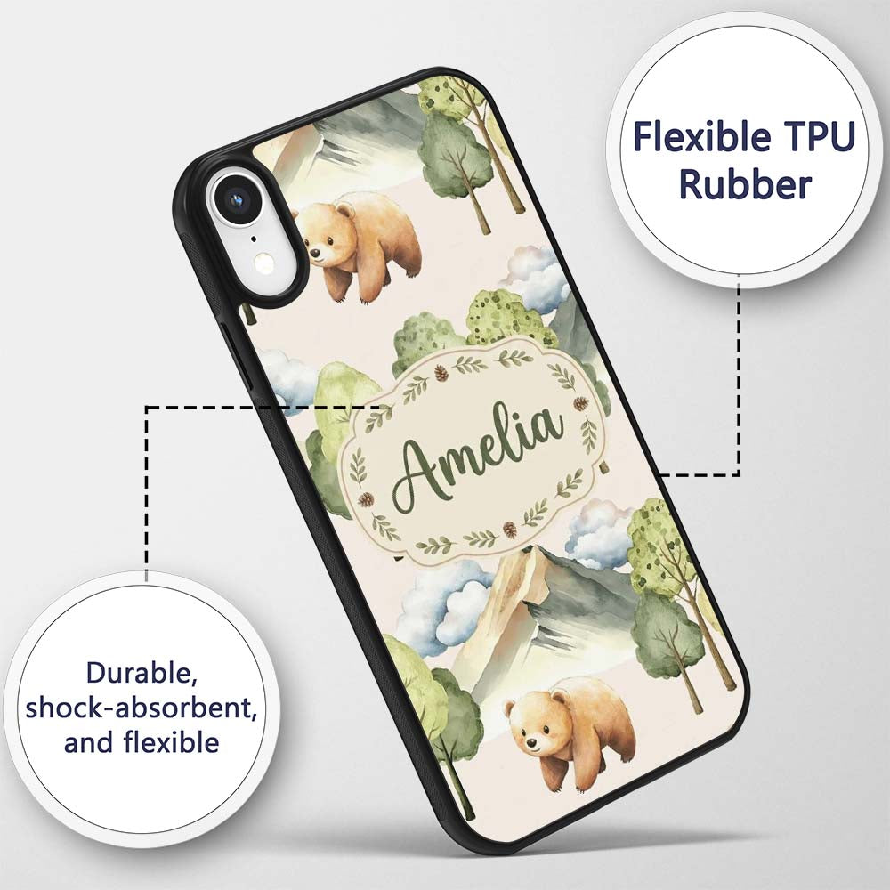 Forest Bear Trees Mountains Clouds on Warm Beige Custom Name Protective Phone Case Mobile Cover Durable Everyday Smartphone Shock Resistant