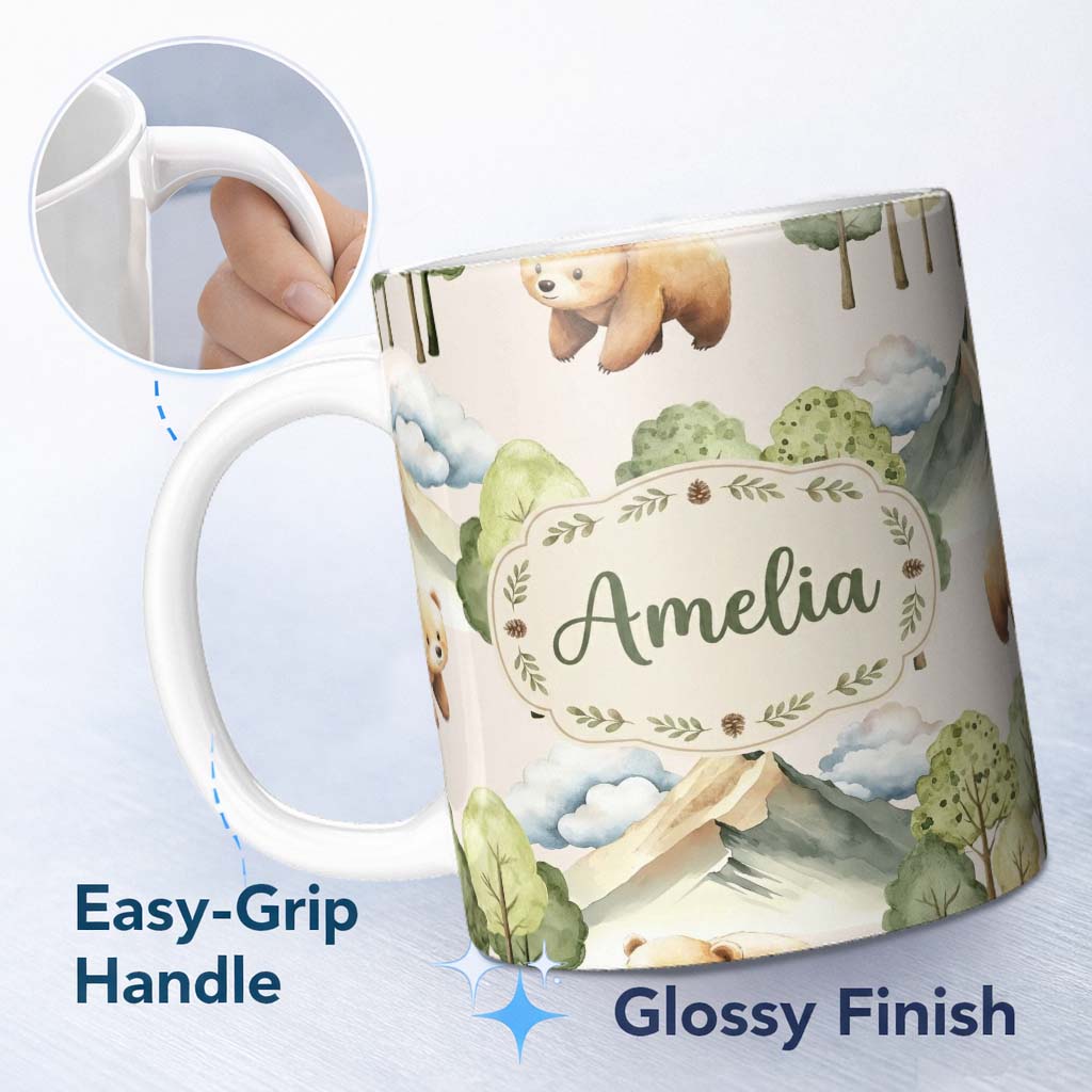 Personalized Custom Name Forest Bear Trees Mountains Clouds on Warm Beige Seamless Pattern 11oz Ceramic Coffee Tea Mug White Large Handle