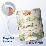 Personalized Custom Name Forest Bear Trees Mountains Clouds on Warm Beige Seamless Pattern 11oz Ceramic Coffee Tea Mug White Large Handle