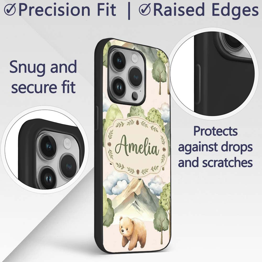 Forest Bear Trees Mountains Clouds on Warm Beige Custom Name Protective Phone Case Mobile Cover Durable Everyday Smartphone Shock Resistant