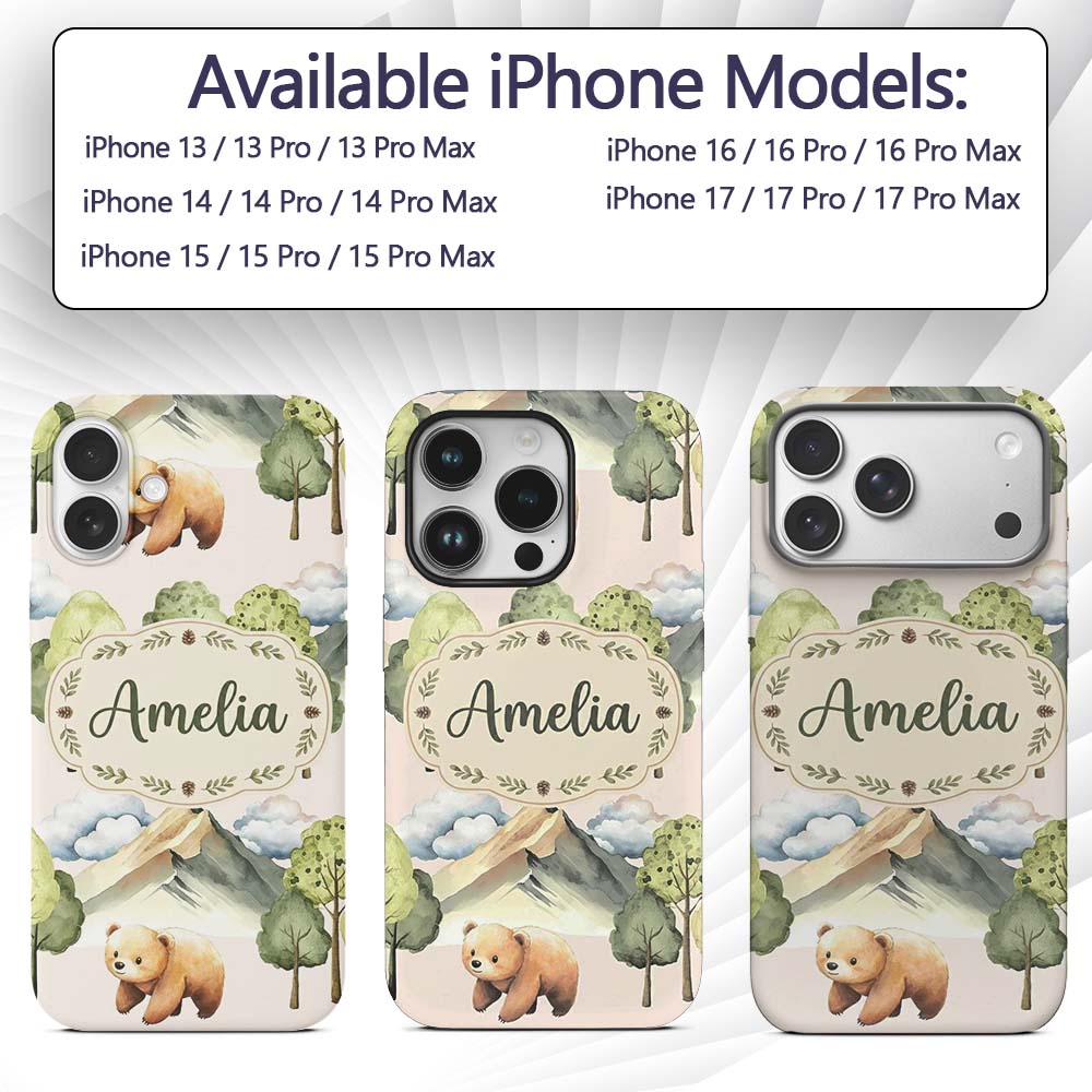 Forest Bear Trees Mountains Clouds on Warm Beige Custom Name Protective Phone Case Mobile Cover Durable Everyday Smartphone Shock Resistant