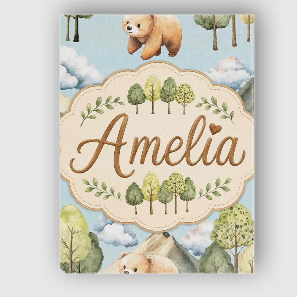 Personalised Name Forest Bear Trees Mountains Custom Unique Gift Idea Modern Room Accent Canvas Wall Art Print Decor Picture Ready to Hang
