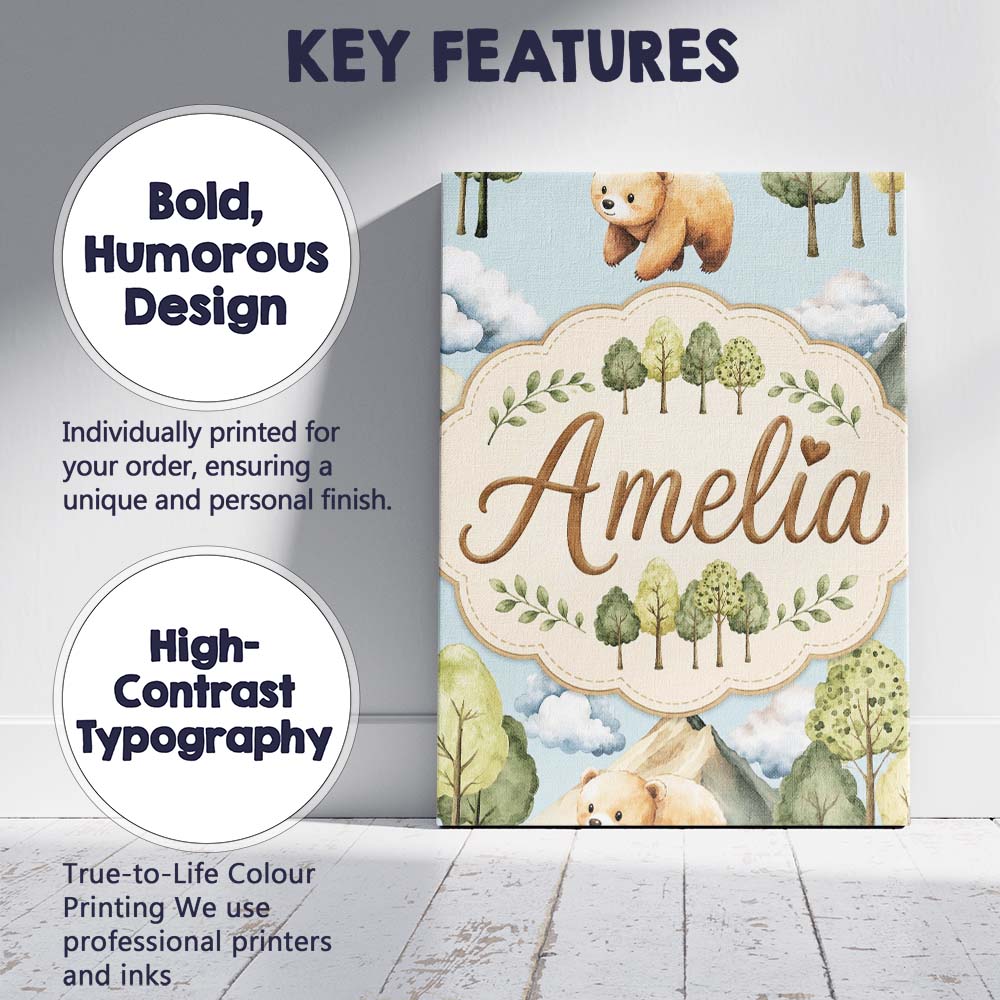 Personalised Name Forest Bear Trees Mountains Custom Unique Gift Idea Modern Room Accent Canvas Wall Art Print Decor Picture Ready to Hang