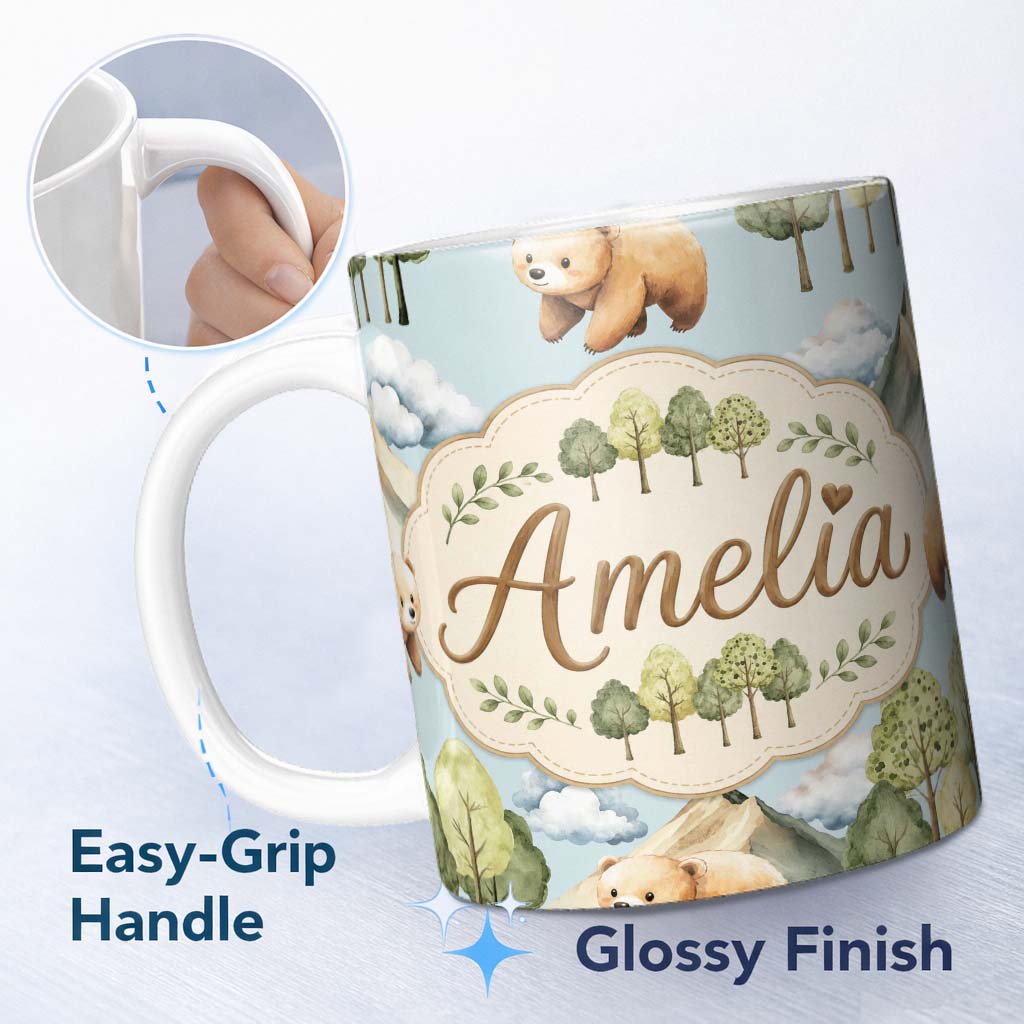Personalized Custom Name Forest Bear Trees Mountains Clouds on Soft Blue Seamless Pattern 11oz Ceramic Coffee Tea Mug White Large Handle