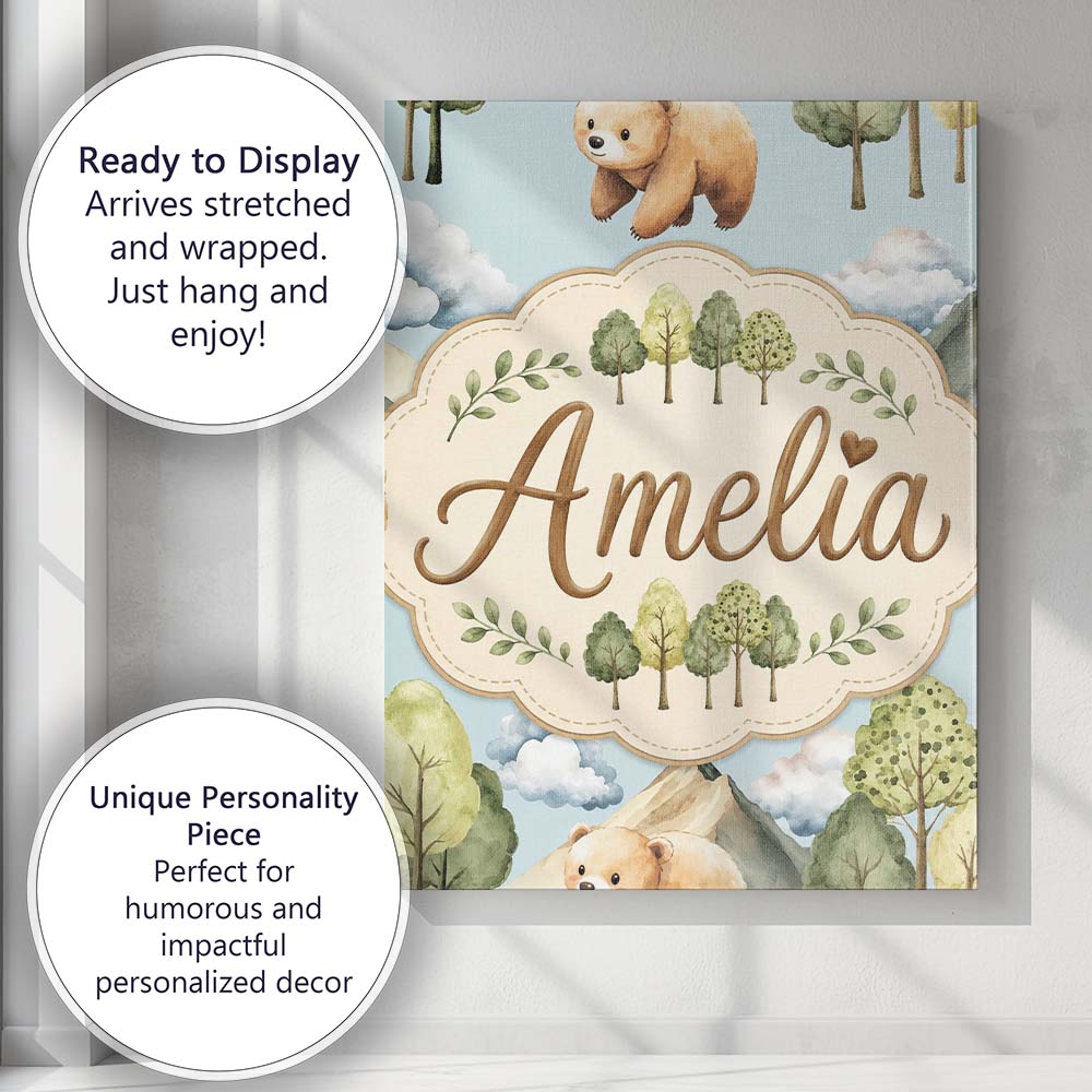 Personalised Name Forest Bear Trees Mountains Custom Unique Gift Idea Modern Room Accent Canvas Wall Art Print Decor Picture Ready to Hang