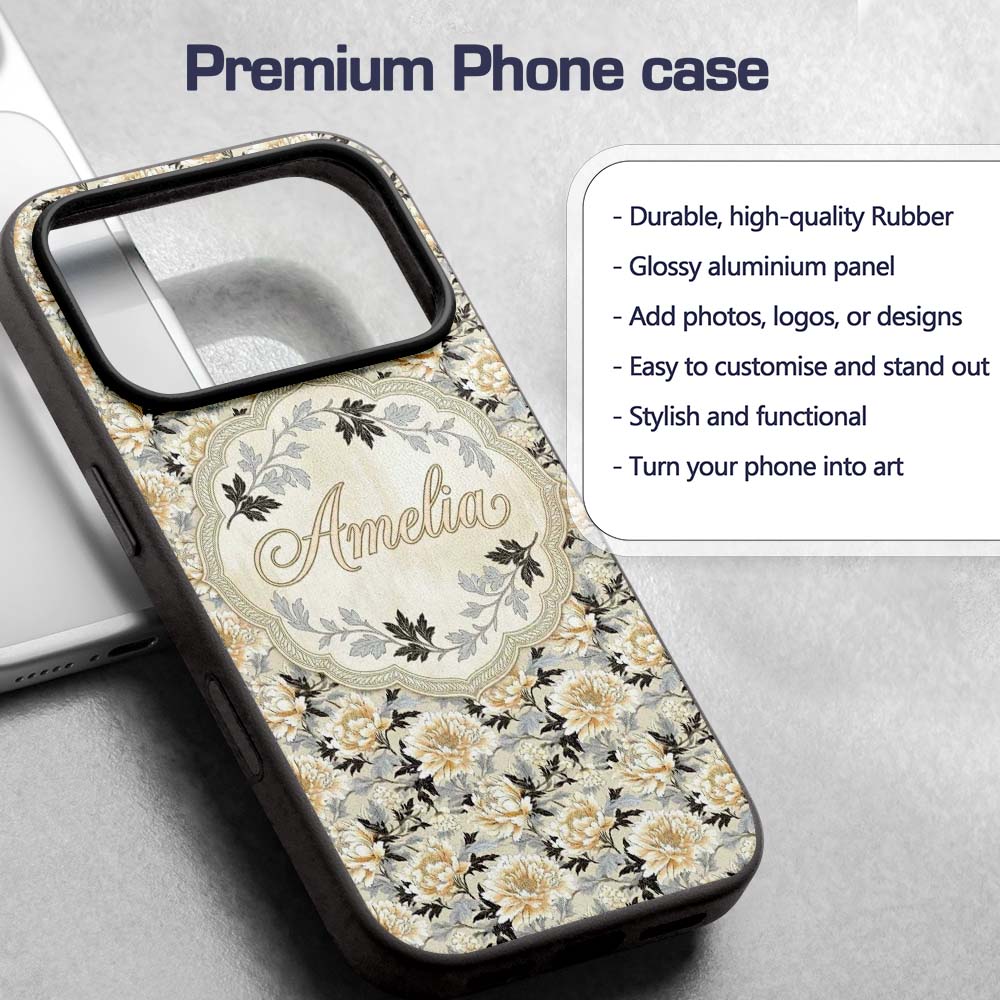 Elegant Peach and Dark Leaf Floral Printed Design Custom Name Protective Phone Case Mobile Cover Durable Everyday Smartphone Shock Resistant