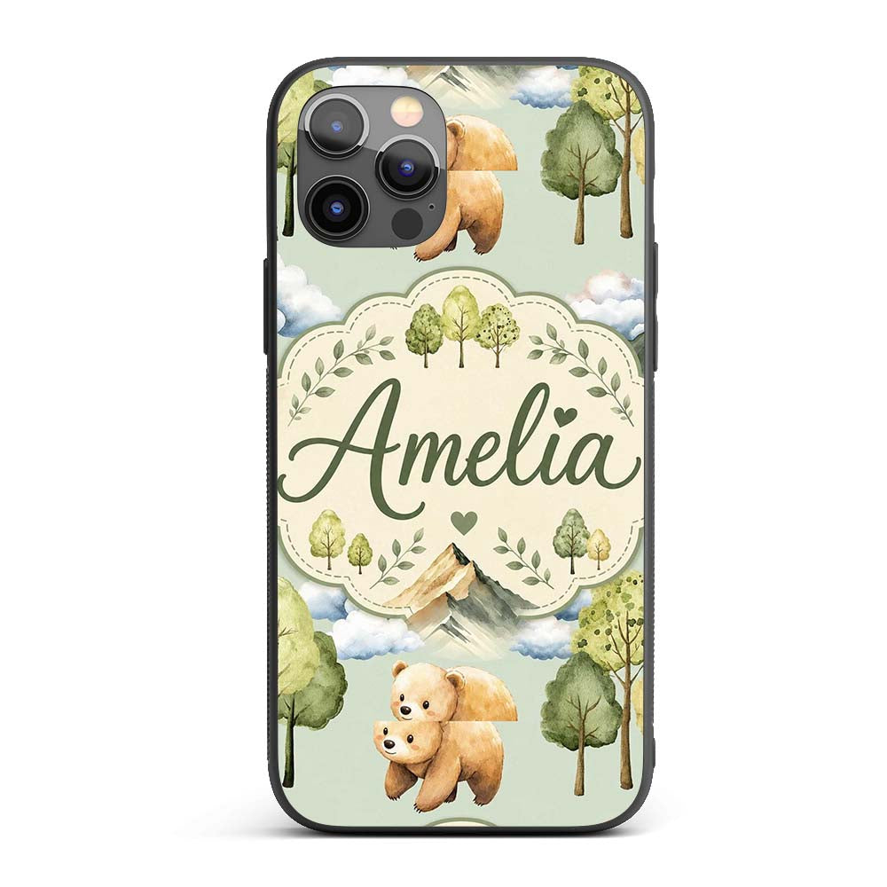 Forest Bear Trees Mountains Clouds on Sage Green Custom Name Protective Phone Case Mobile Cover Durable Everyday Smartphone Shock Resistant