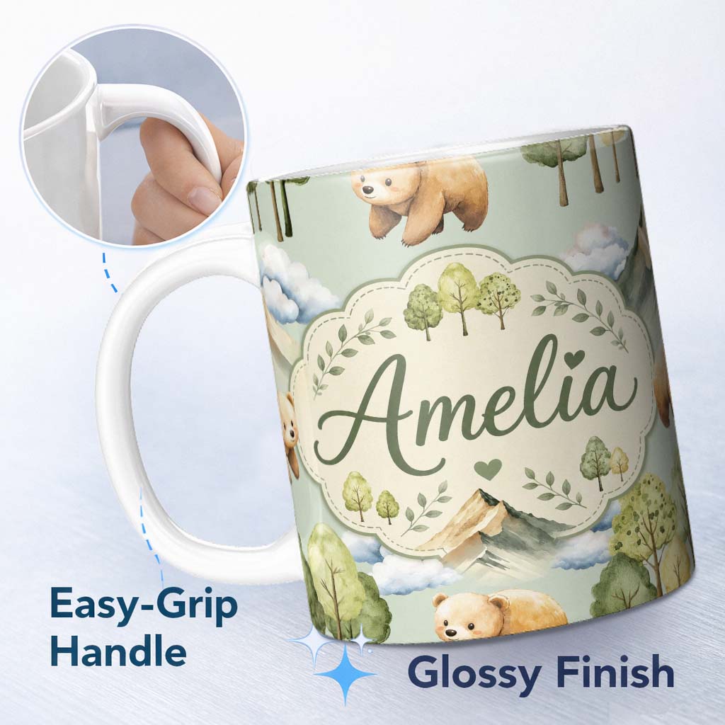 Personalized Custom Name Forest Bear Trees Mountains Clouds on Sage Green Seamless Pattern 11oz Ceramic Coffee Tea Mug White Large Handle