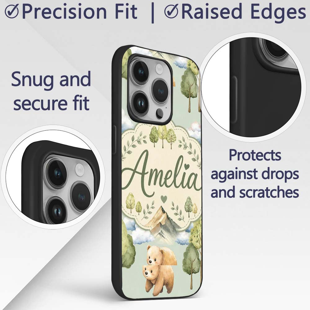 Forest Bear Trees Mountains Clouds on Sage Green Custom Name Protective Phone Case Mobile Cover Durable Everyday Smartphone Shock Resistant