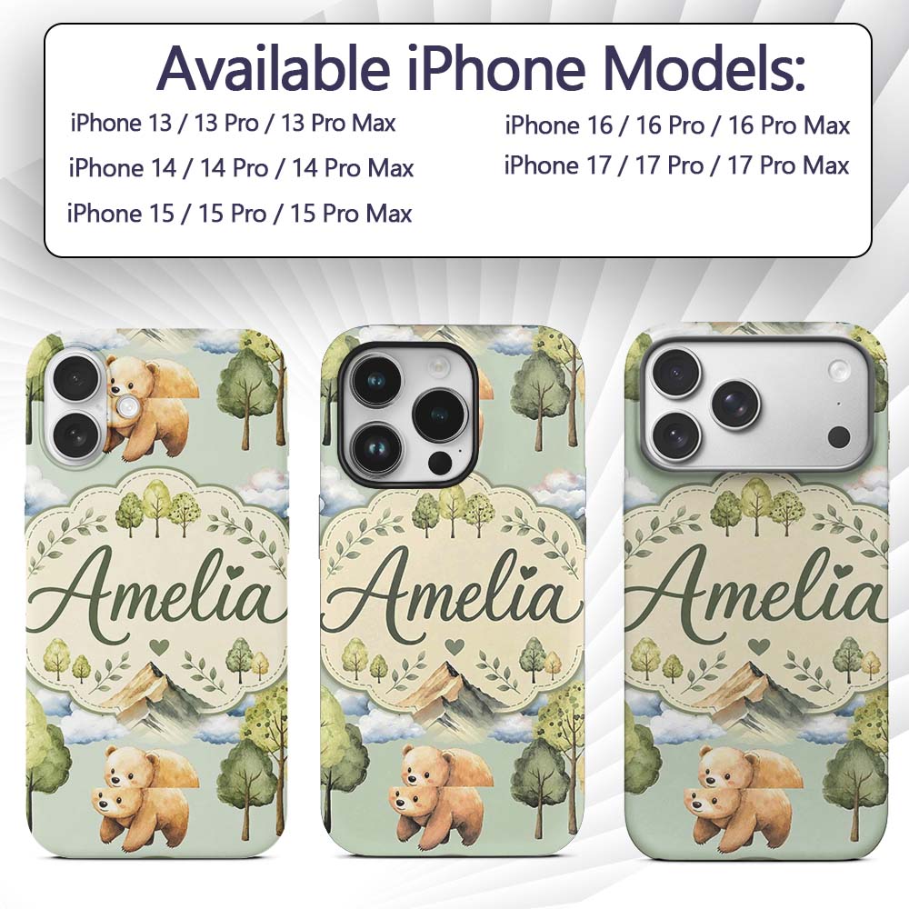 Forest Bear Trees Mountains Clouds on Sage Green Custom Name Protective Phone Case Mobile Cover Durable Everyday Smartphone Shock Resistant