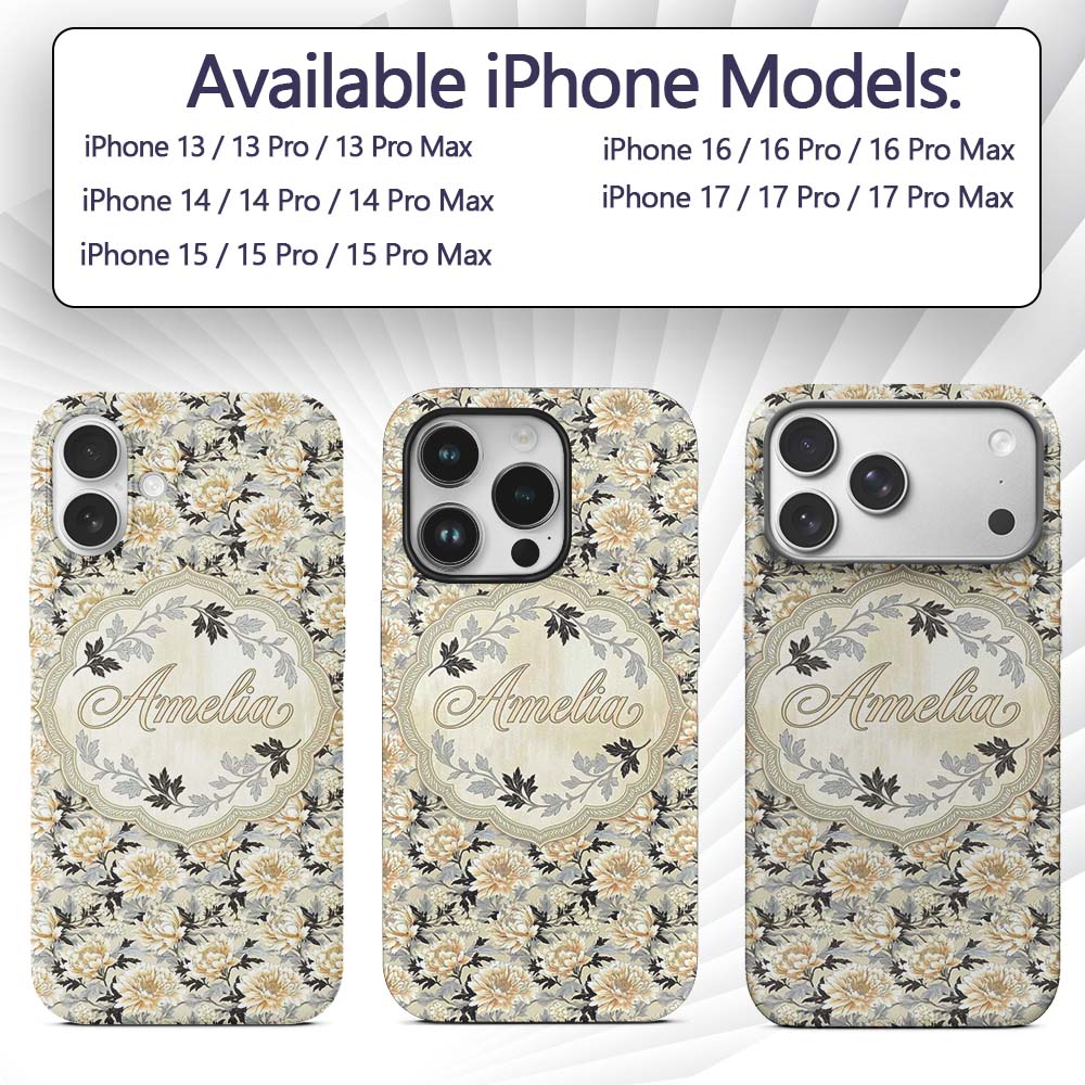 Elegant Peach and Dark Leaf Floral Printed Design Custom Name Protective Phone Case Mobile Cover Durable Everyday Smartphone Shock Resistant