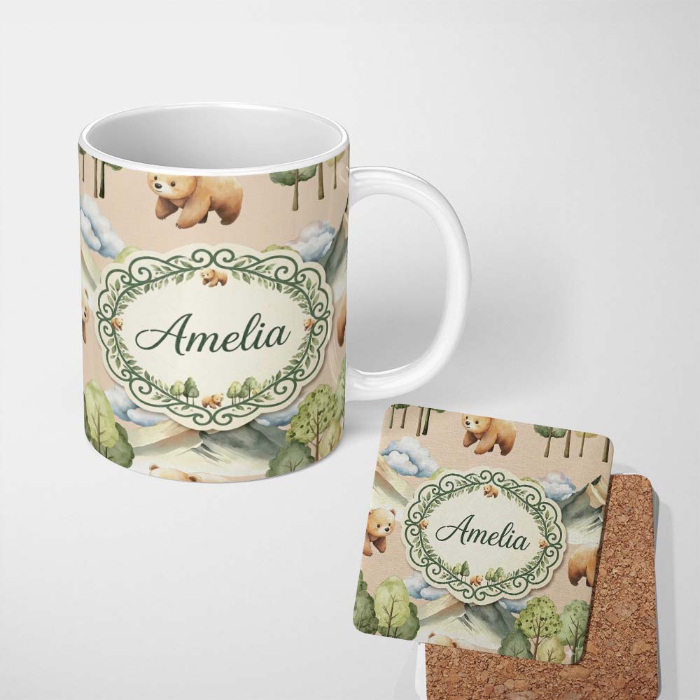 Personalized Custom Name Forest Bear Trees Mountains Clouds on Neutral Cream Seamless 11oz Ceramic Coffee Tea Mug White Large Handle