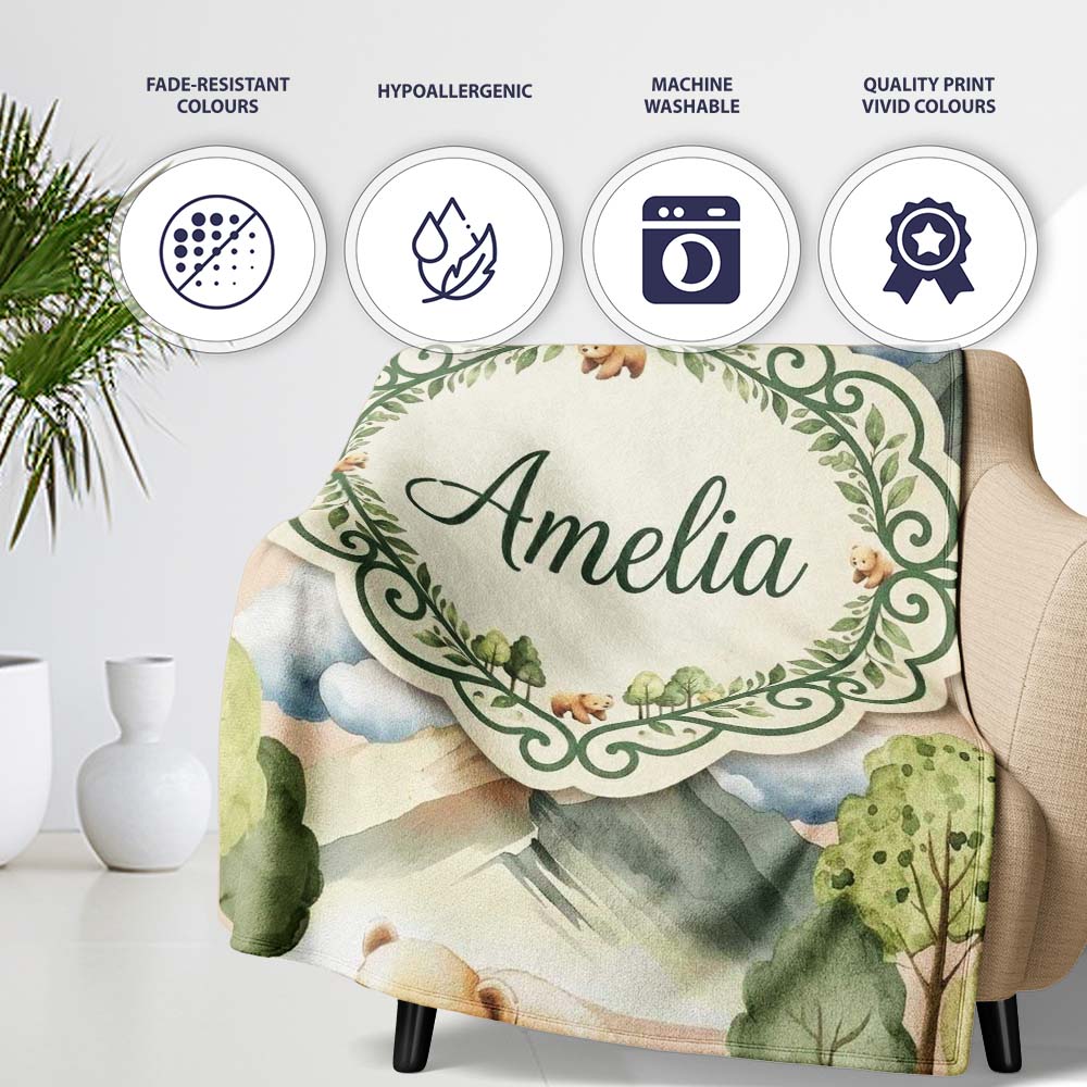 Forest Bear Trees Mountains Clouds on Neutral Cream Seamless  Personalised Custom Name Super Soft Fleece Blanket Bed Sofa Throw