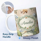 Personalized Custom Name Forest Bear Trees Mountains Clouds on Neutral Cream Seamless 11oz Ceramic Coffee Tea Mug White Large Handle
