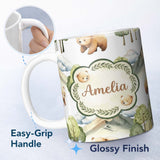 Personalized Custom Name Forest Bear Trees Mountains Clouds on Light Grey Seamless Pattern 11oz Ceramic Coffee Tea Mug White Large Handle