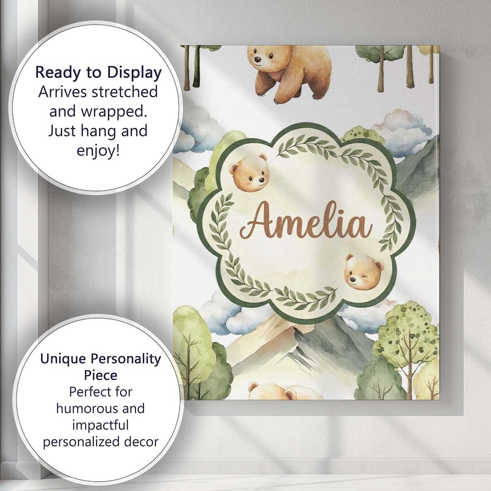 Personalised Name Forest Bear Trees Mountains Custom Unique Gift Idea Modern Room Accent Canvas Wall Art Print Decor Picture Ready to Hang