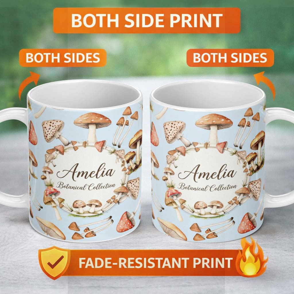 Personalized Custom Name Watercolor Mushrooms Botanical Forest Elements on Soft Blue 11oz Ceramic Coffee Tea Mug White Large Handle