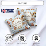 Custom Name Watercolor Mushrooms Botanical Elements on Soft Blue Square Filled Cushion Throw Pillow Sofa Bed Home Decor Zip Washable UK Made