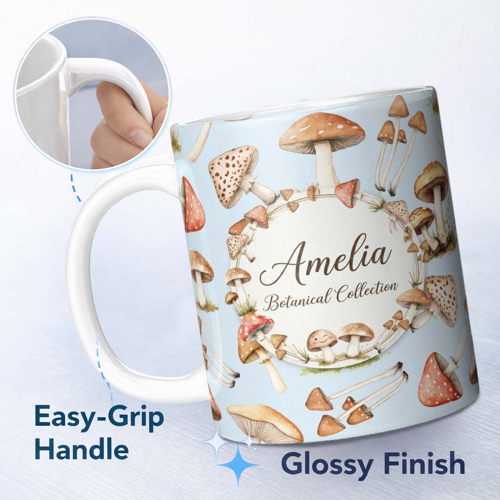 Personalized Custom Name Watercolor Mushrooms Botanical Forest Elements on Soft Blue 11oz Ceramic Coffee Tea Mug White Large Handle