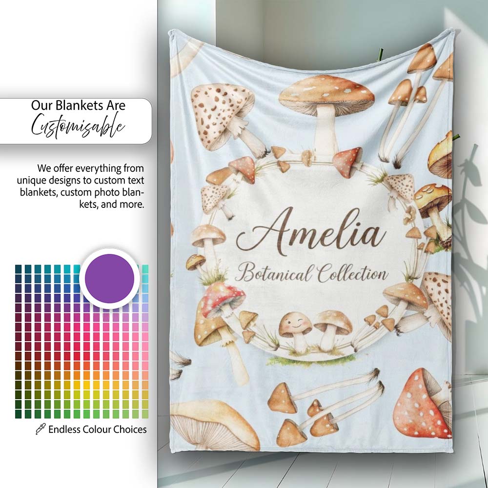 Watercolor Mushrooms Botanical Forest Elements on Soft Blue  Personalised Custom Name Super Soft Fleece Blanket Bed Sofa Throw