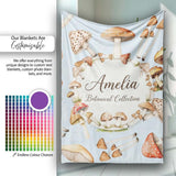 Watercolor Mushrooms Botanical Forest Elements on Soft Blue  Personalised Custom Name Super Soft Fleece Blanket Bed Sofa Throw