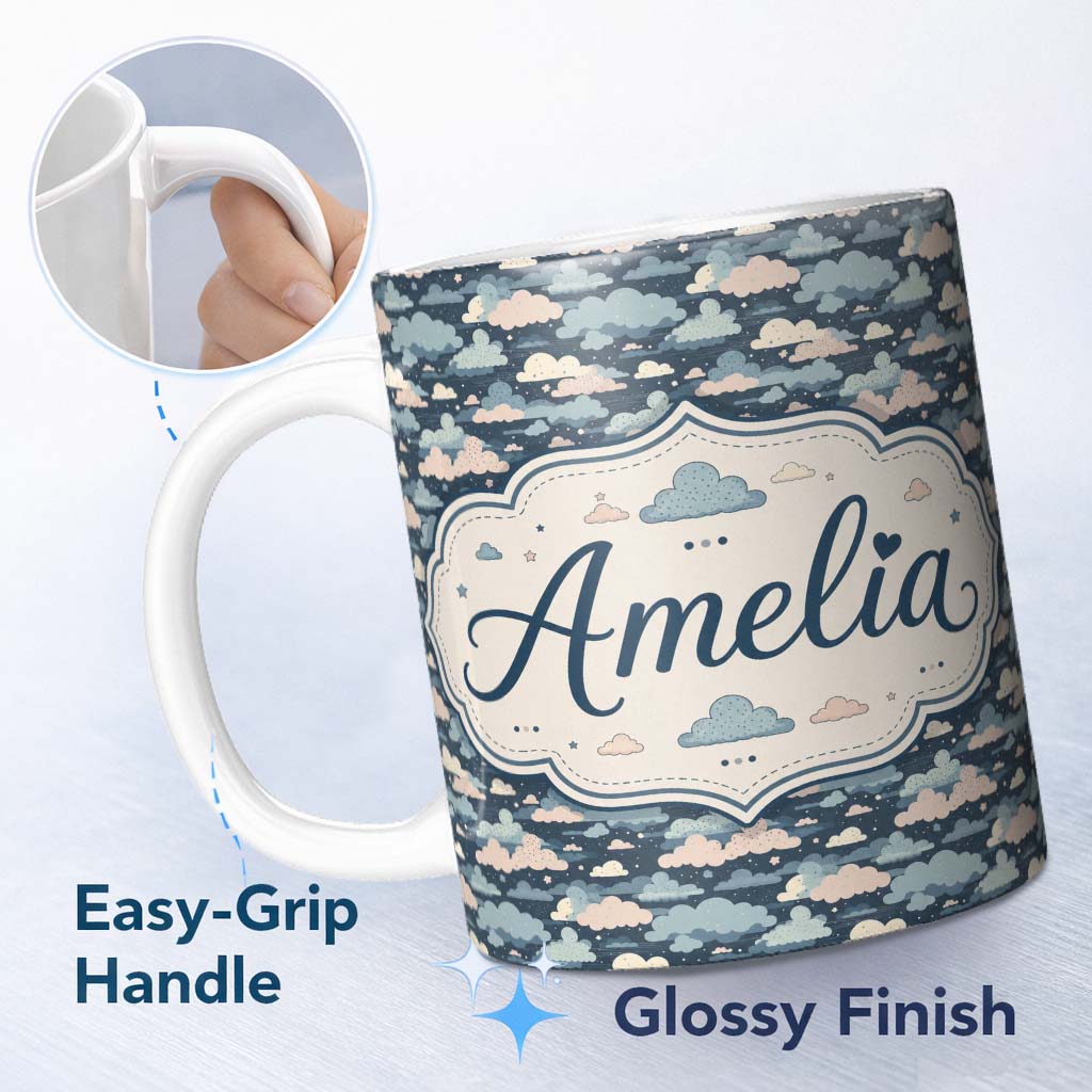 Personalized Custom Name Whimsical Cloud Pattern Dark Blue with Pastel Clouds Seamless Design 11oz Ceramic Coffee Tea Mug White Large Handle