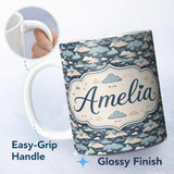 Personalized Custom Name Whimsical Cloud Pattern Dark Blue with Pastel Clouds Seamless Design 11oz Ceramic Coffee Tea Mug White Large Handle