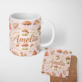 Personalized Custom Name Watercolor Mushrooms Botanical Forest Elements on Blush Pink 11oz Ceramic Coffee Tea Mug White Large Handle