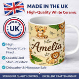 Personalized Custom Name Cute Jungle Animals Lion Tiger Leopard Tropical Leaves Beige Lovely 11oz Ceramic Coffee Tea Mug White Large Handle