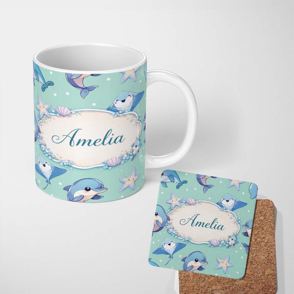 Personalized Custom Name Cute Dolphin Stingray Starfish Cartoon Sea Life Pattern Mint Lovely 11oz Ceramic Coffee Tea Mug White Large Handle