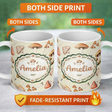 Personalized Custom Name Watercolor Forest Mushrooms Botanical Elements on Soft Beige 11oz Ceramic Coffee Tea Mug White Large Handle
